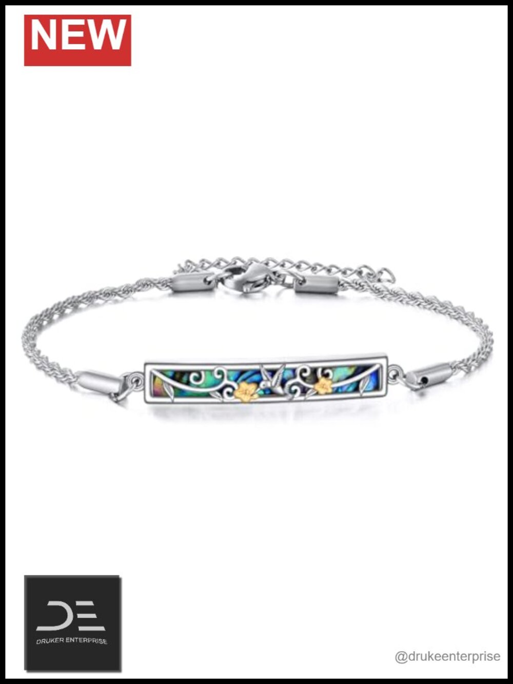 Sterling Silver Hummingbird Abalone Shell Bar Pendant Bracelet Adjustable